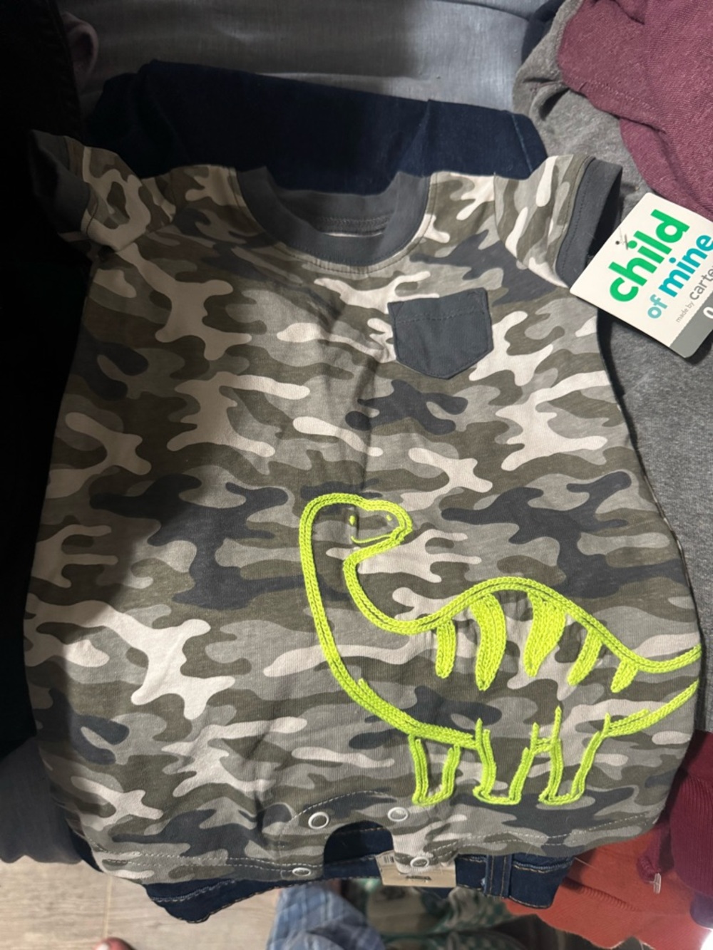 child of mine Camo Romper with Neon Yellow-Green Dino
